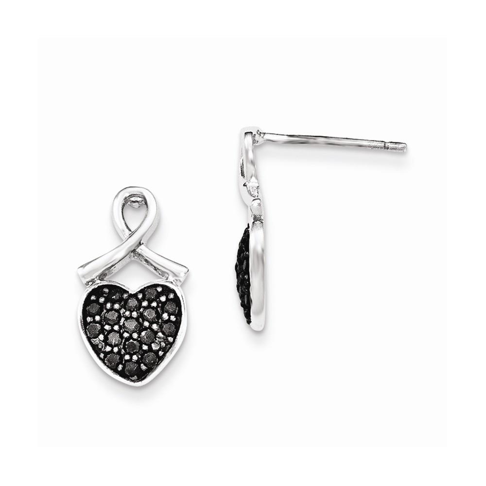 Jewelryweb Sterling Silver Polished Black Cubic Zirconia Heart Post Earrings