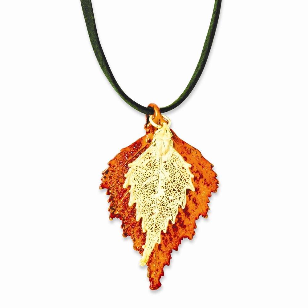 Jewelryweb Iridescent Copper/24k Gold Dipped Double Birch Leaf Necklace - 20 Inch