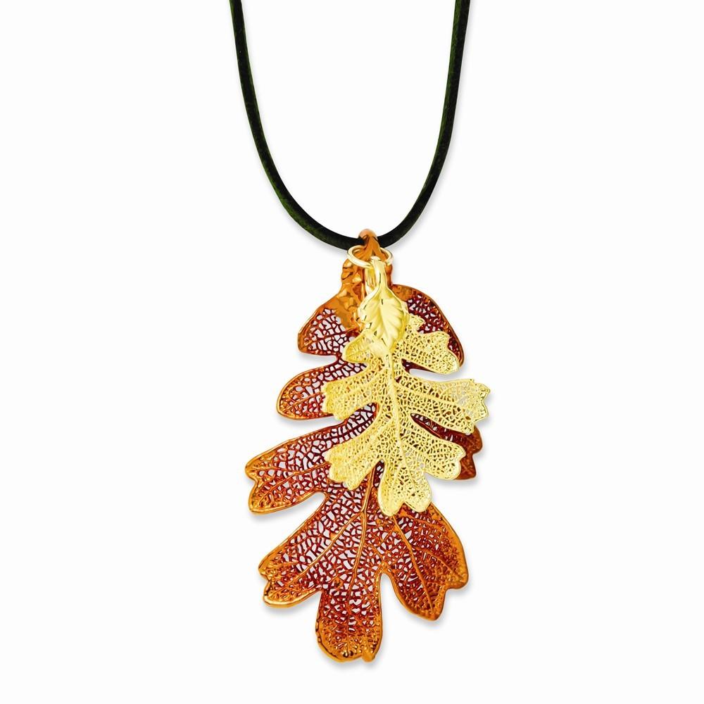 Jewelryweb Iridescent Copper/24k Gold Dipped Oak Leaf Necklace With Leather Cord - 20 Inch