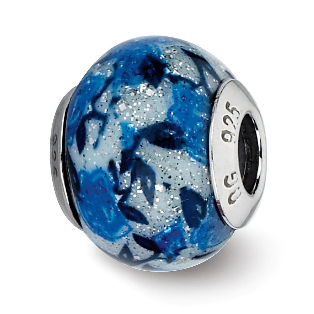 Jewelryweb Sterling Silver Reflections Blue Rose Glitter Overlay Glass Bead Charm