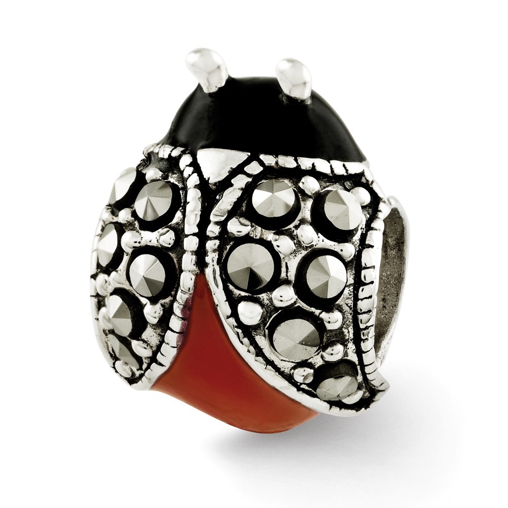 Jewelryweb Sterling Silver Reflections Enameled and Marcasite Ladybug Bead Charm