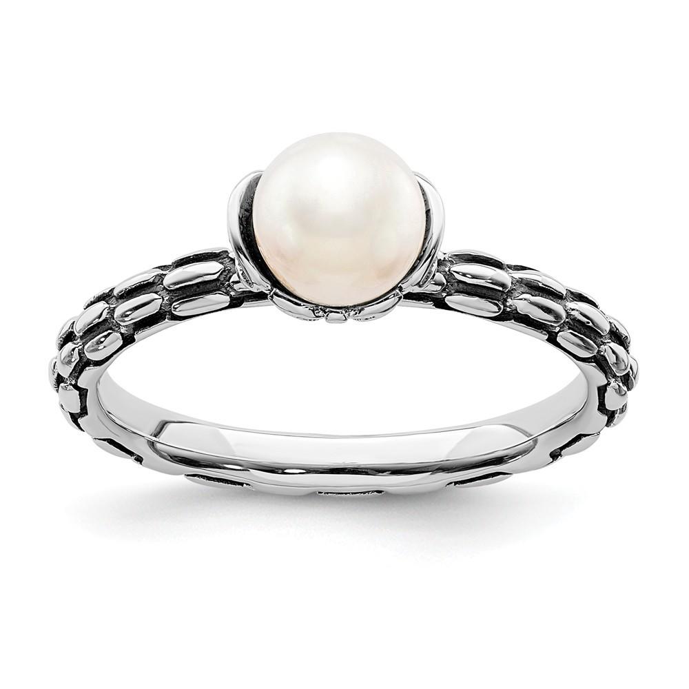 Jewelryweb 2.5mm Sterling Silver Polished Patterned White Freshwater Cultured Pearl Ring - Size 7