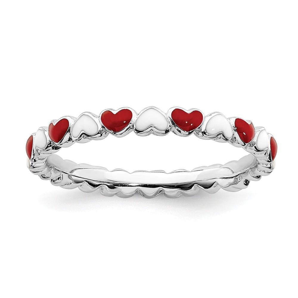 Jewelryweb 2.5mm Sterling Silver Stackable Expressions Red and White Enamel Heart Ring - Size 6