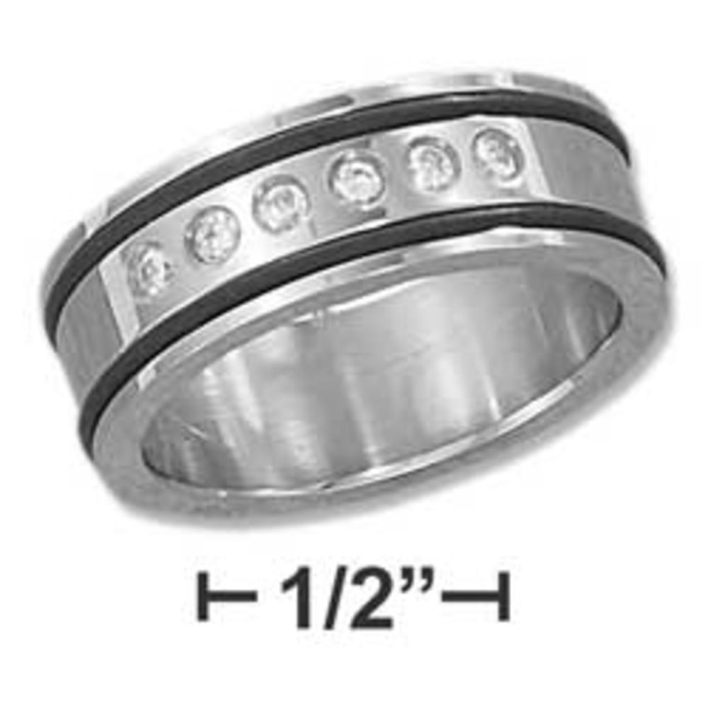 Jewelryweb Stainless Steel Mens 8mm Rubber and Multiple Cubic Zirconias Band Ring - Size 10