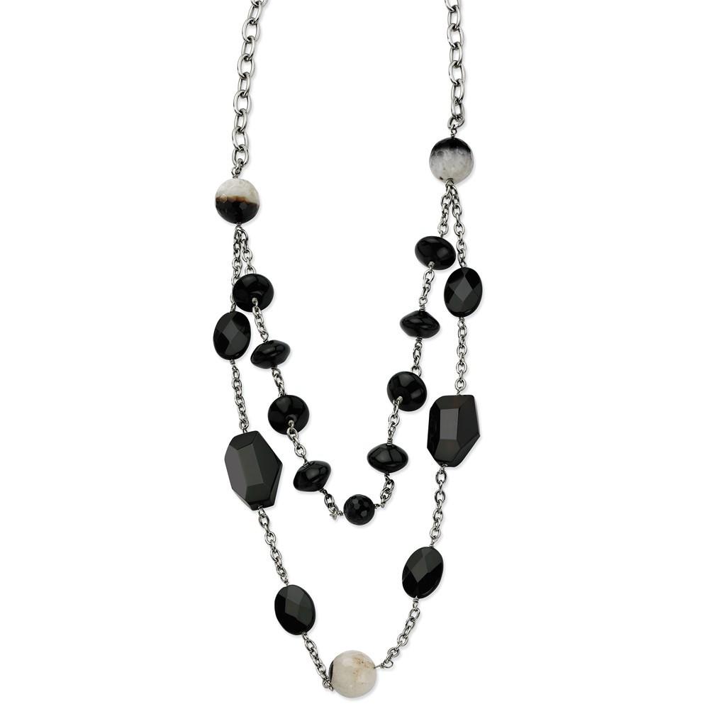Jewelryweb Stainless Steel Black Agate and Crystal 24 With 1.5inch ext. Necklace - 24 Inch - Measures 19mm Wide