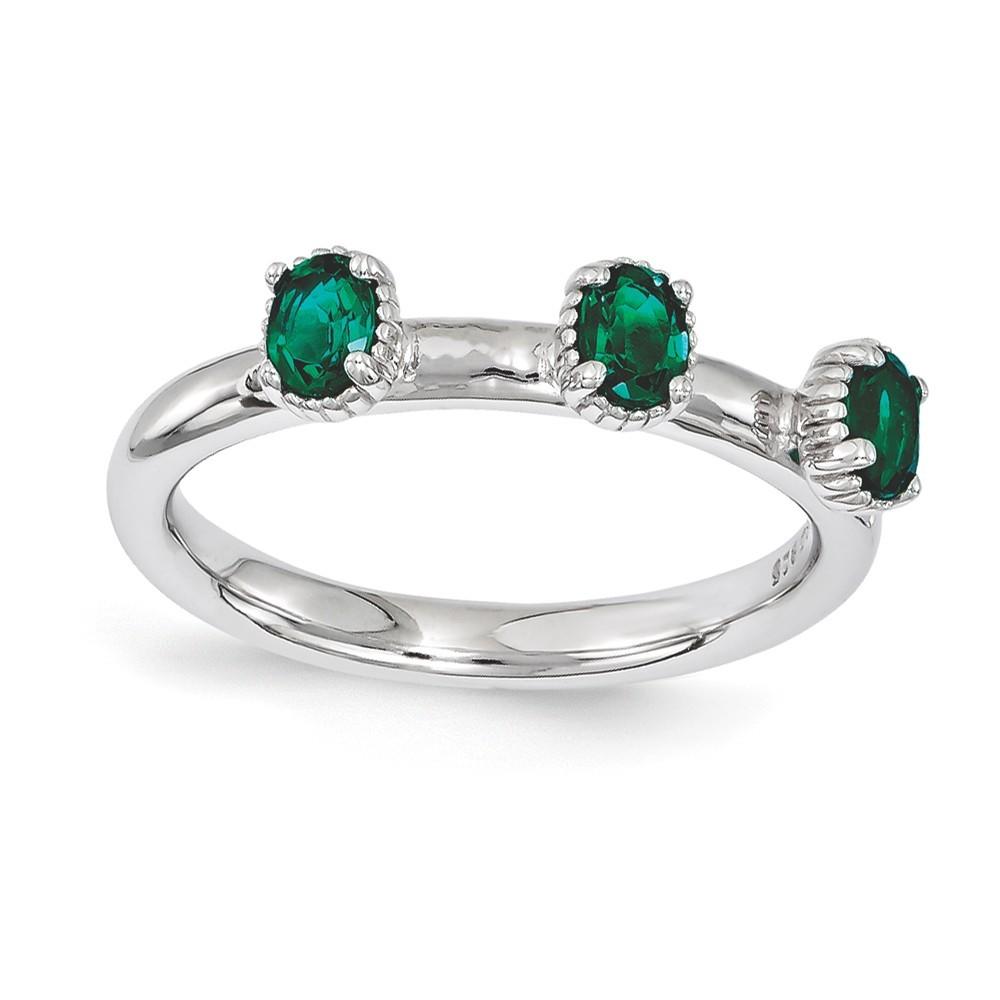 Jewelryweb 2.5mm Sterling Silver Stackable Expressions Created Emerald Three Stone Ring - Size 9
