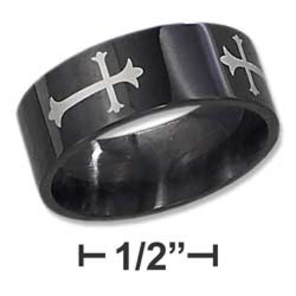 Jewelryweb Black Stainless Steel Mens 8mm Roman Cross Band Ring - Size 11