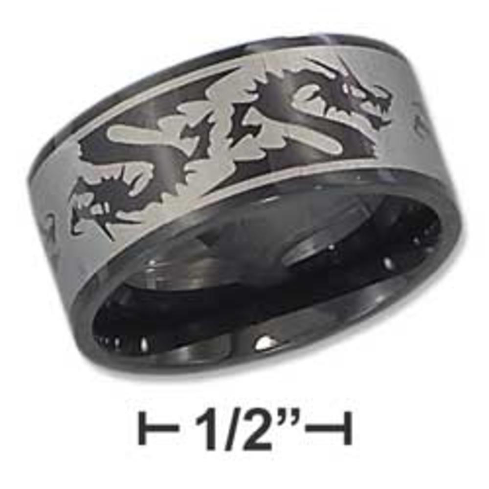 Jewelryweb Black Stainless Steel Mens 10mm Laser Etched Dragon Band Ring - Size 13