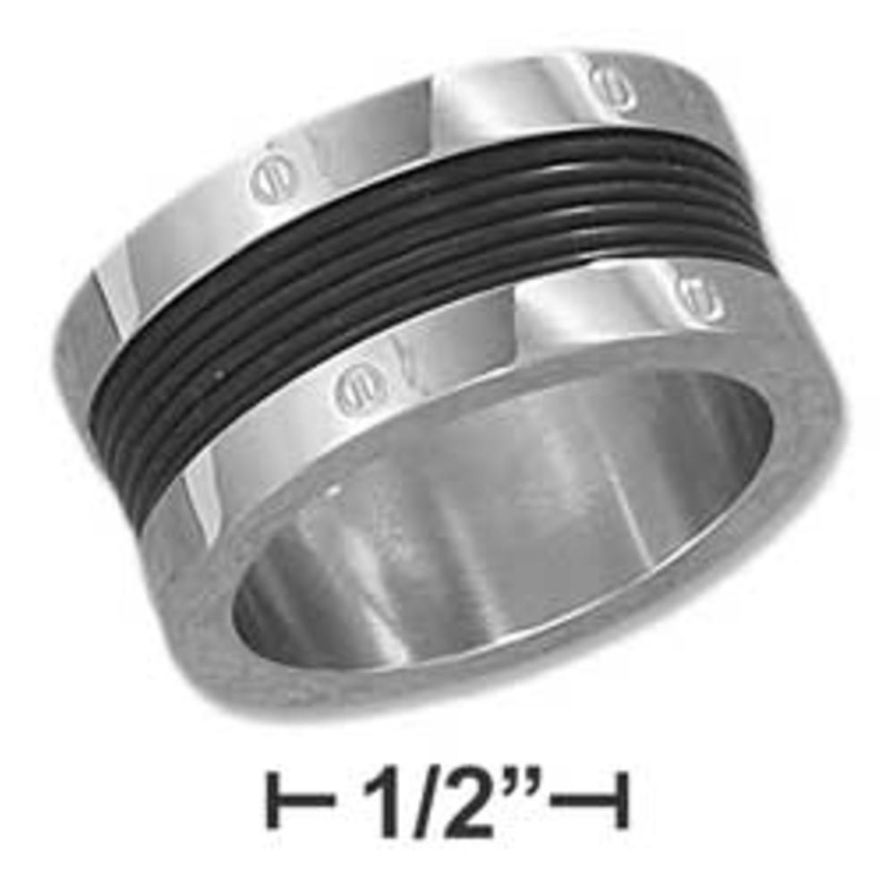 Jewelryweb Stainless Steel Mens 11.5mm Screw Head and Lined Rubber Band Ring - Size 9
