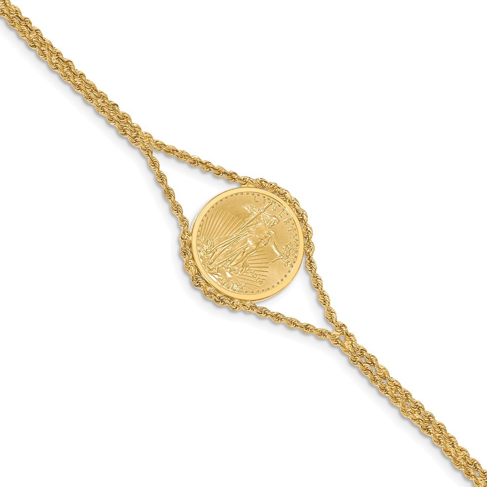 Jewelryweb 14k Yellow Gold 1/10oz Mounted American Eagle Plain Bezel Rope Bracelet - Measures 21.3mm Wide