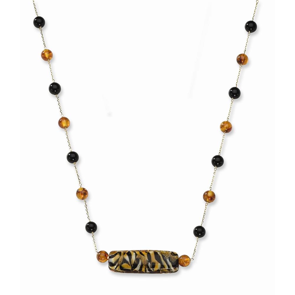 Jewelryweb 14k Yellow Gold Murano Glass Bead Amber and Simulated Onyx Necklace - 18 Inch