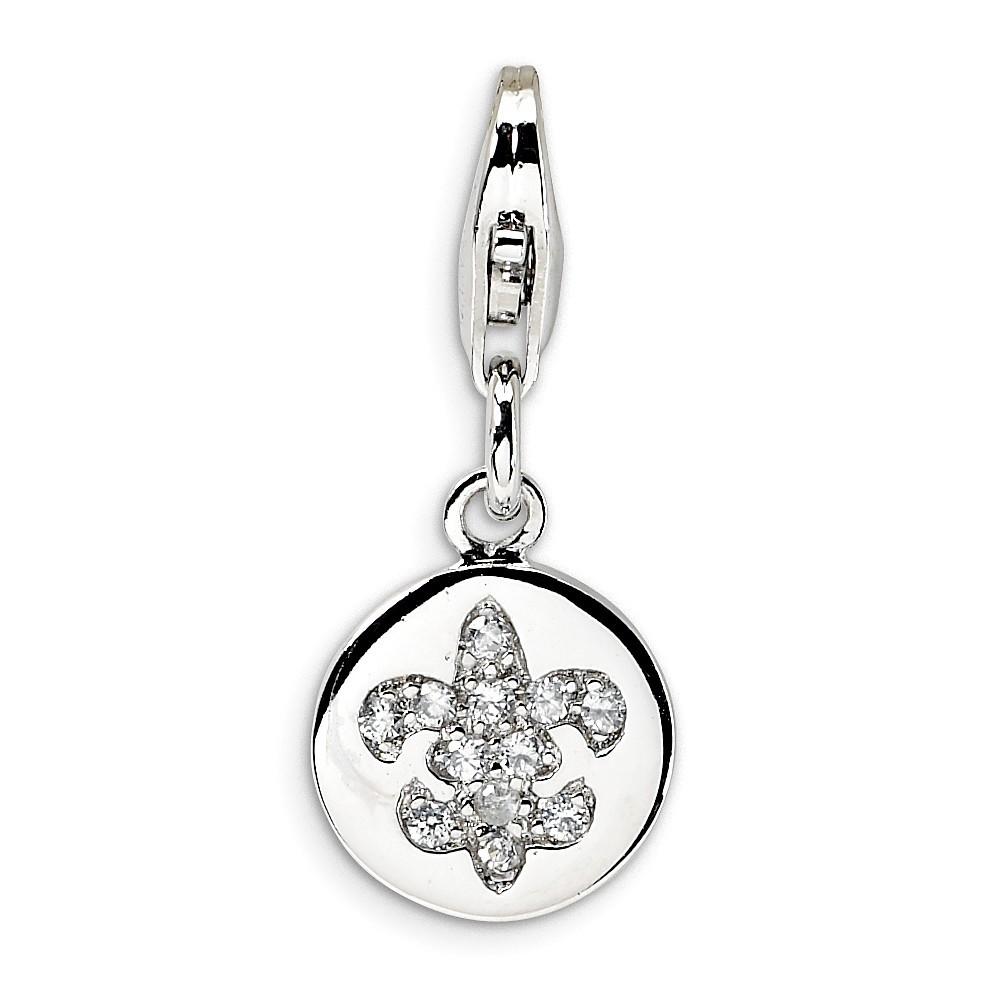 Jewelryweb Sterling Silver Cubic Zirconia Fleur de Lis Ornament With Lobster Clasp Charm - Measures 23x10mm