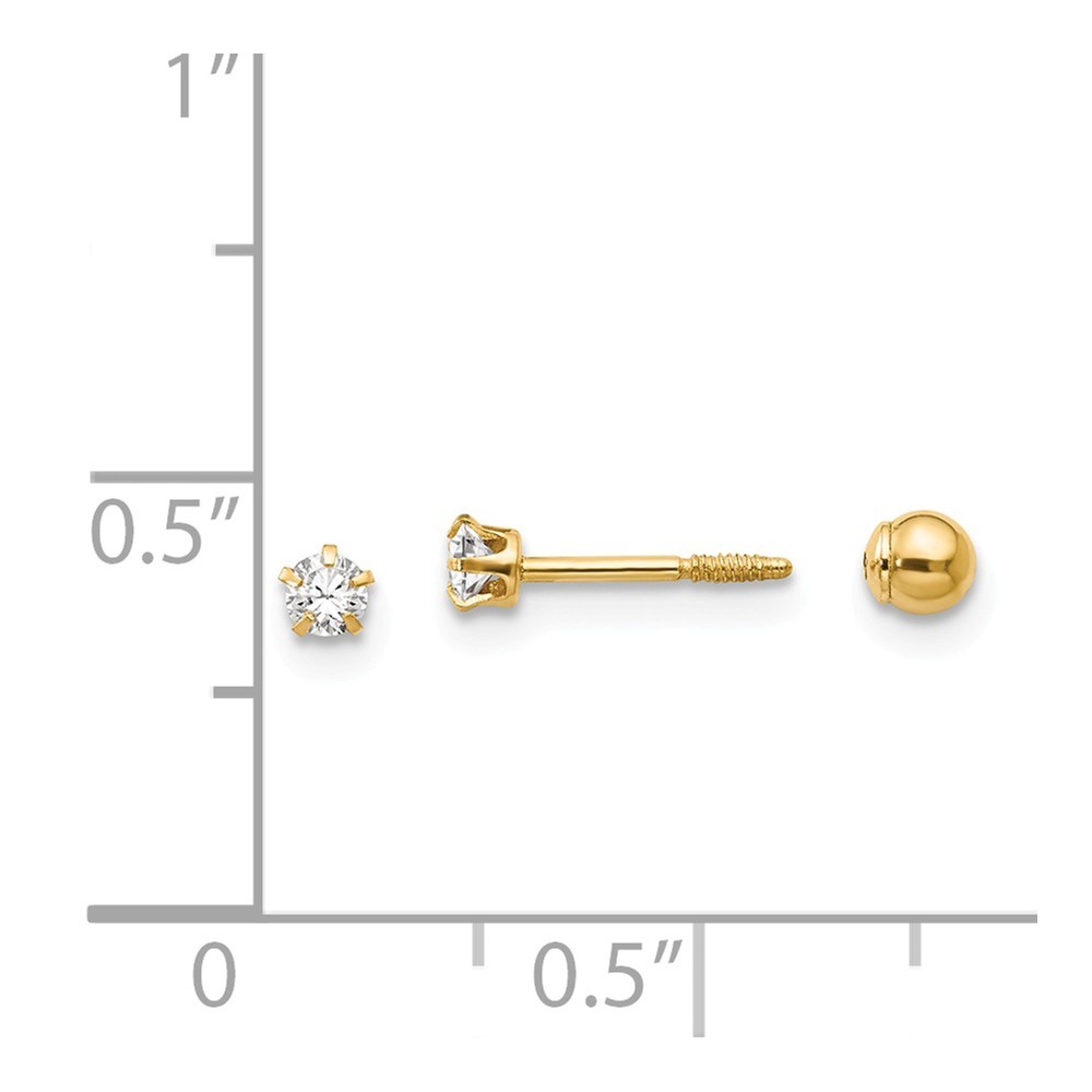 Jewelryweb 14k Yellow Gold Polished Reversible Cubic Zirconia and 3mm ball Children Earrings - Measures 3x3mm