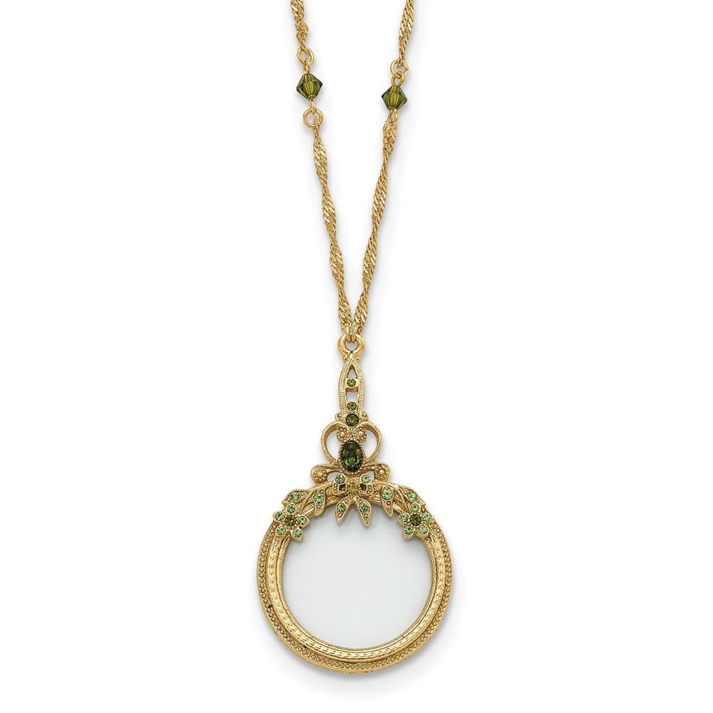 Jewelryweb Burnished Brass-tone Olivine Green Crys Magnifying Glass 30 Inch Necklace - Measures 32mm Wide