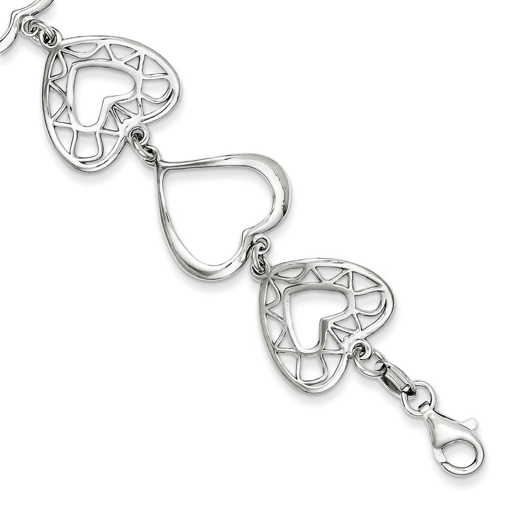 Jewelryweb Sterling Silver Rhodium Polished Heart Charm Bracelet - 7.75 Inch