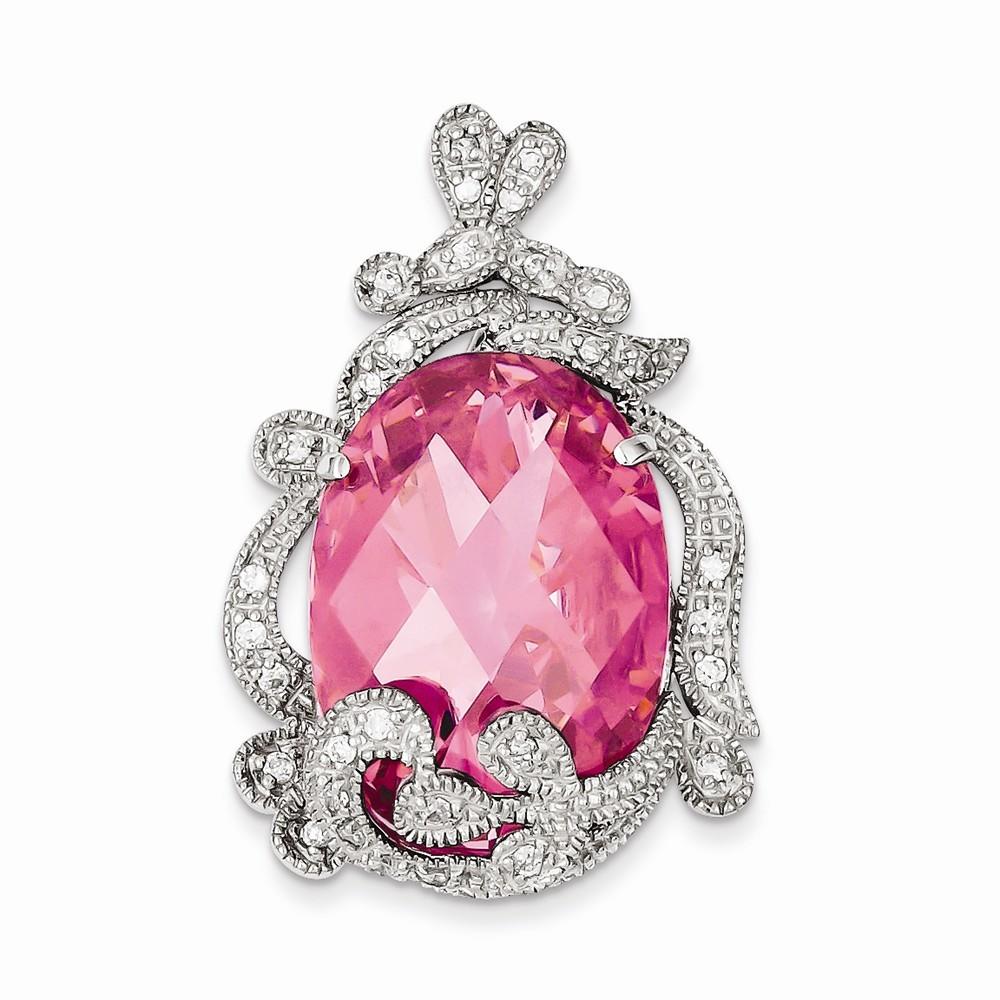 Jewelryweb Sterling Silver Pink and Clear Cubic Zirconia Pendant Slide