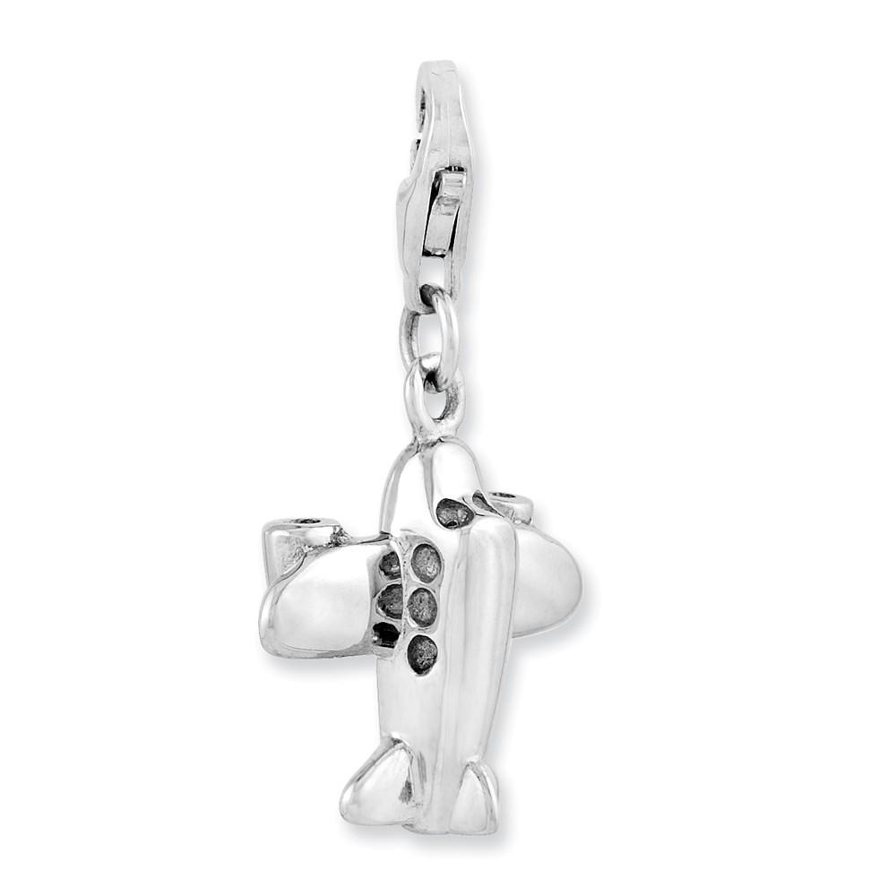 Jewelryweb Sterling Silver Rhodium-plated 3-d Airplane With Lobster Clasp Charm