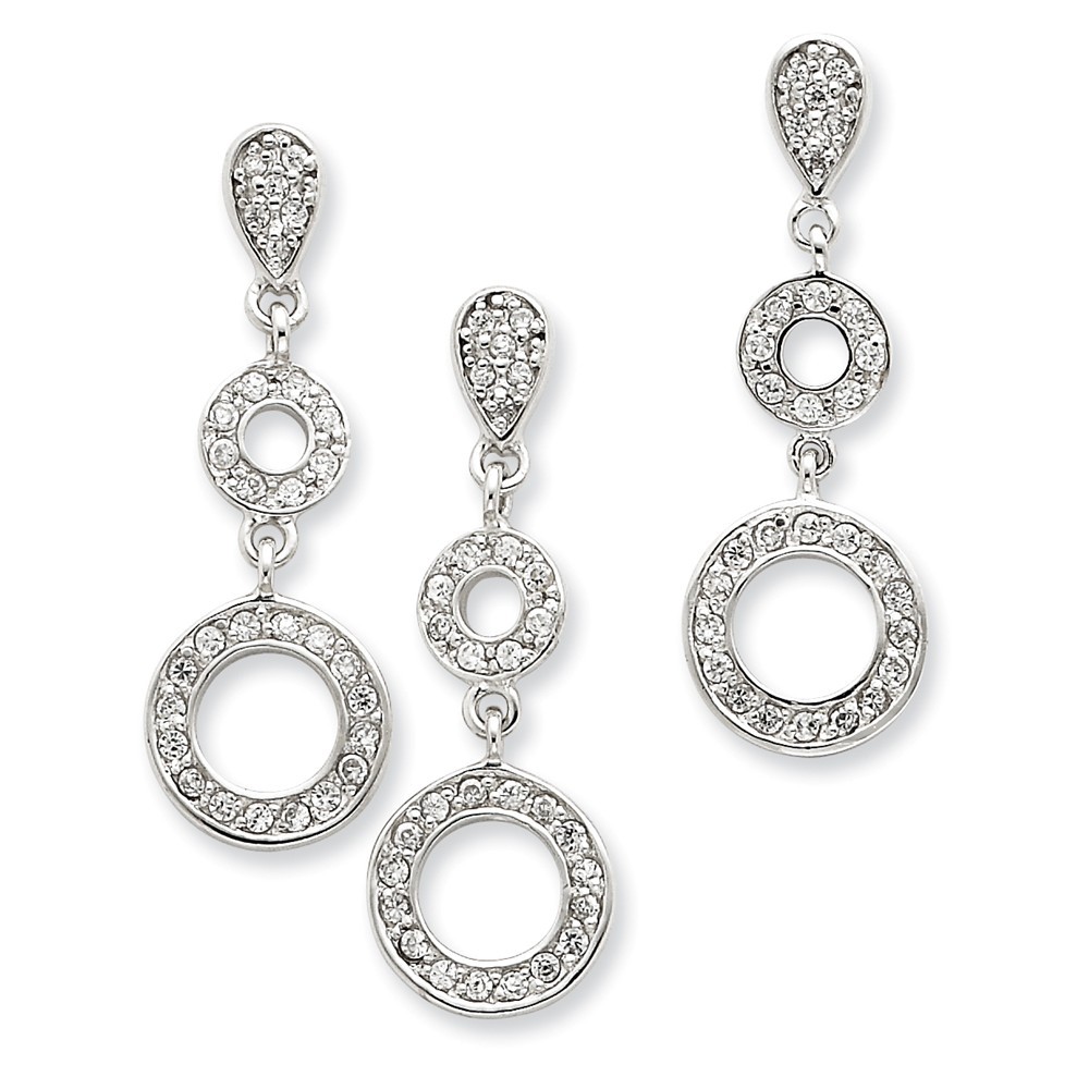 Jewelryweb Sterling Silver Cubic Zirconia Circle Pendant and Earring Set - Measures 38x13mm Wide