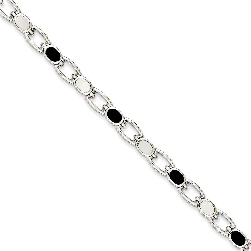 Jewelryweb Sterling Silver Simulated Onyx and Simulated Mother of Pearl Bracelet - 7 Inch - Box Clasp