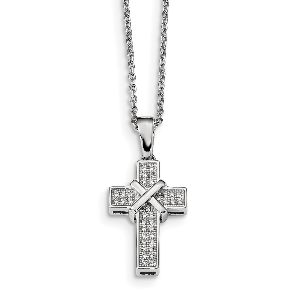 Jewelryweb Sterling Silver and Cubic Zirconia Polished Cross Necklace - 18 Inch