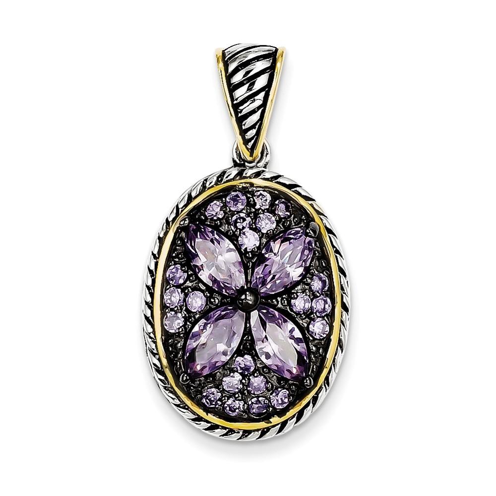 Jewelryweb Sterling Silver Flash Gold-Flashed Antiqued Flower Cubic Zirconia Pendant