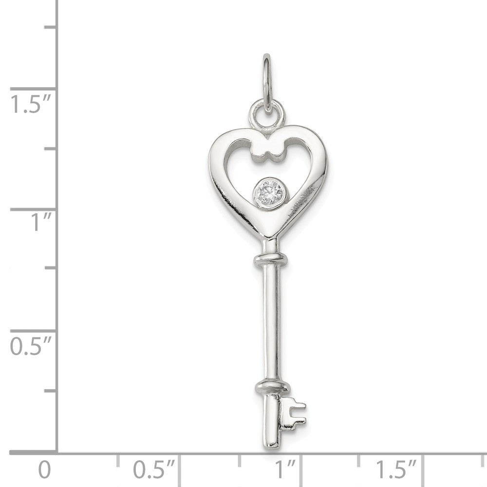 Jewelryweb 13mm Sterling Silver Polished Cubic Zirconia Heart Key Charm