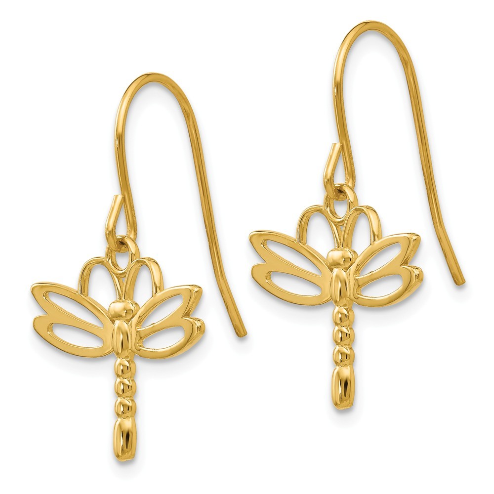 Jewelryweb 14k Yellow Gold Dragonfly Shepherd Hook Earrings - Measures 26x16mm Wide