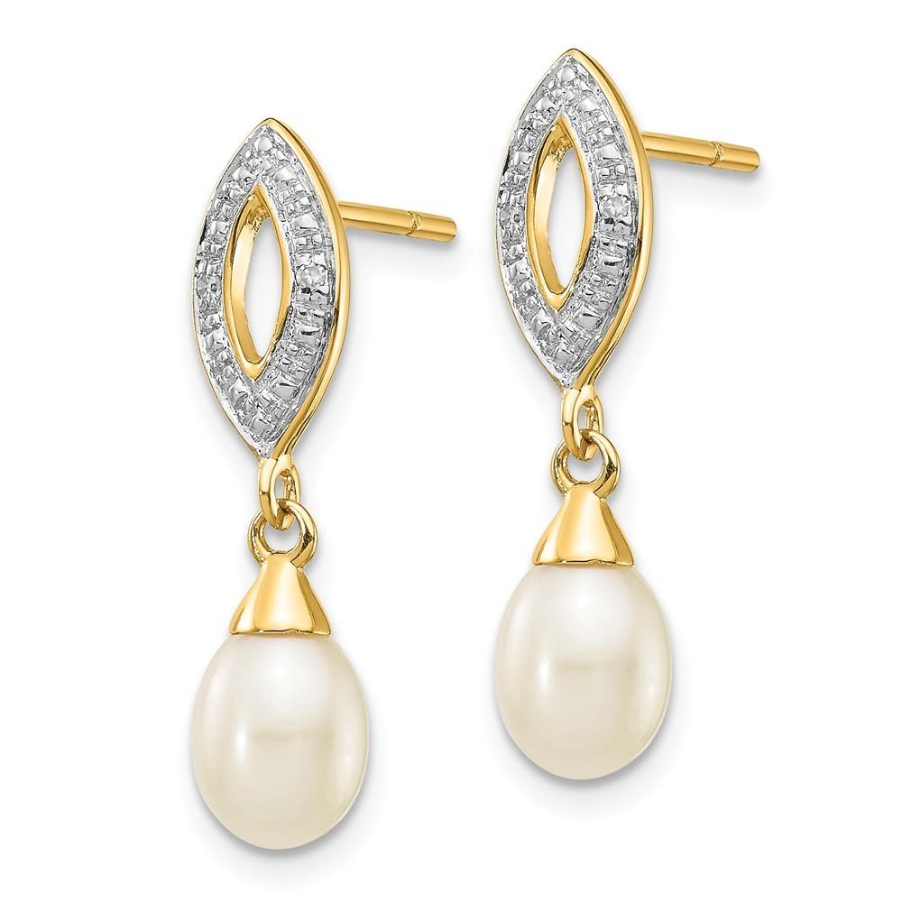Jewelryweb 14k Yellow Gold Diamond and Freshwater Cultured Pearl Post Dangle Earrings - Measures 22x6mm Wide