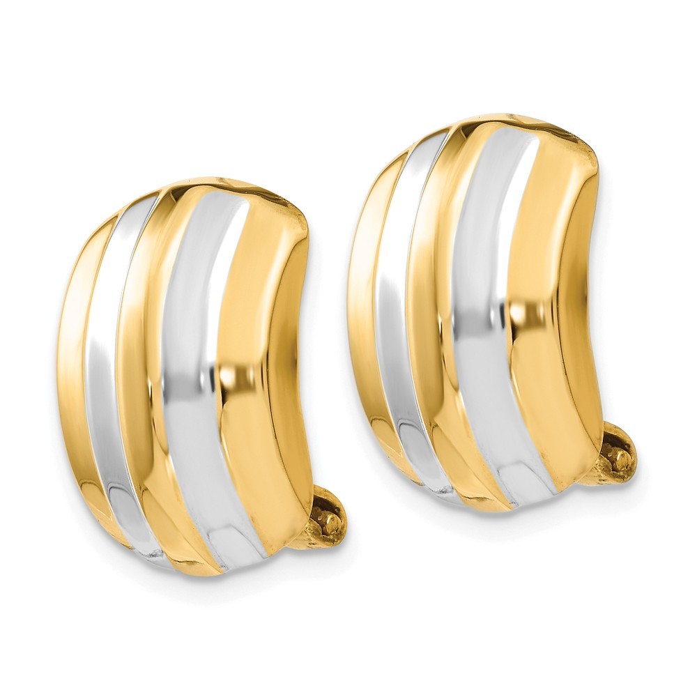 Jewelryweb 14k Two-Tone Gold Ribbed Non-pierced Omega Back Earrings - Measures 17x12mm Wide
