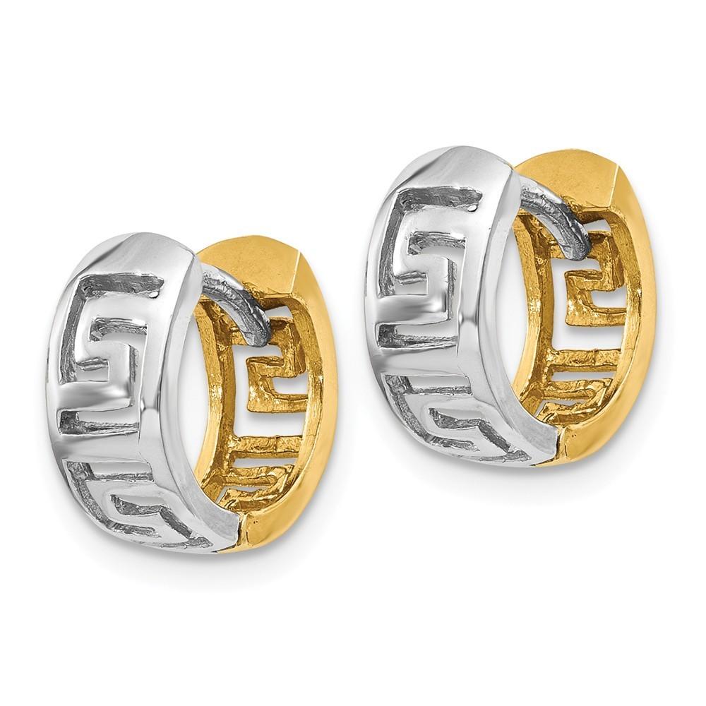 Jewelryweb 14k Two-Tone Gold Greek Key Hinged Hoop Earrings - Measures 9x5.5mm Wide