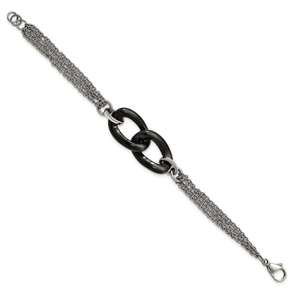 Jewelryweb Stainless Steel and Black Ceramic Polished With .75inch Ext. Bracelet - 7.25 Inch