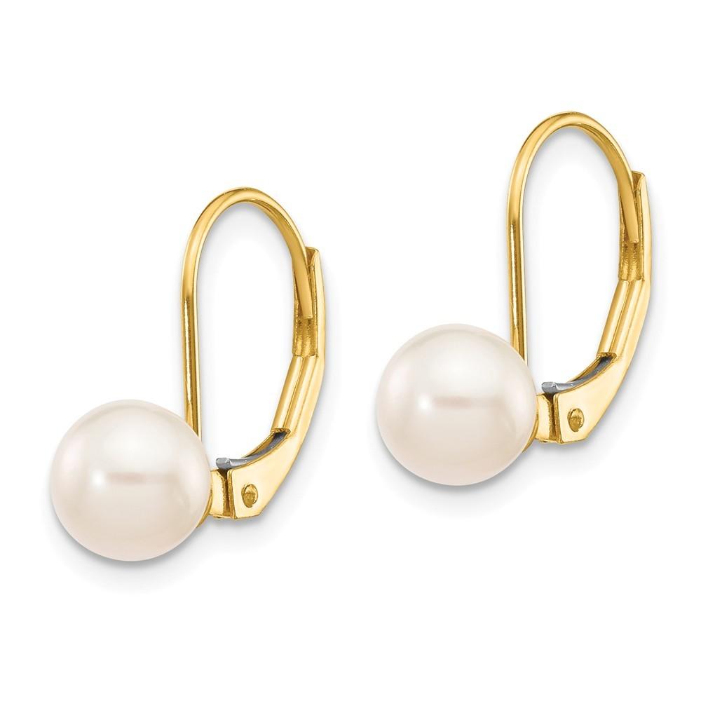 Jewelryweb 14k Yellow Gold 6-7mm Round White Akoya Pearl Leverback Earrings