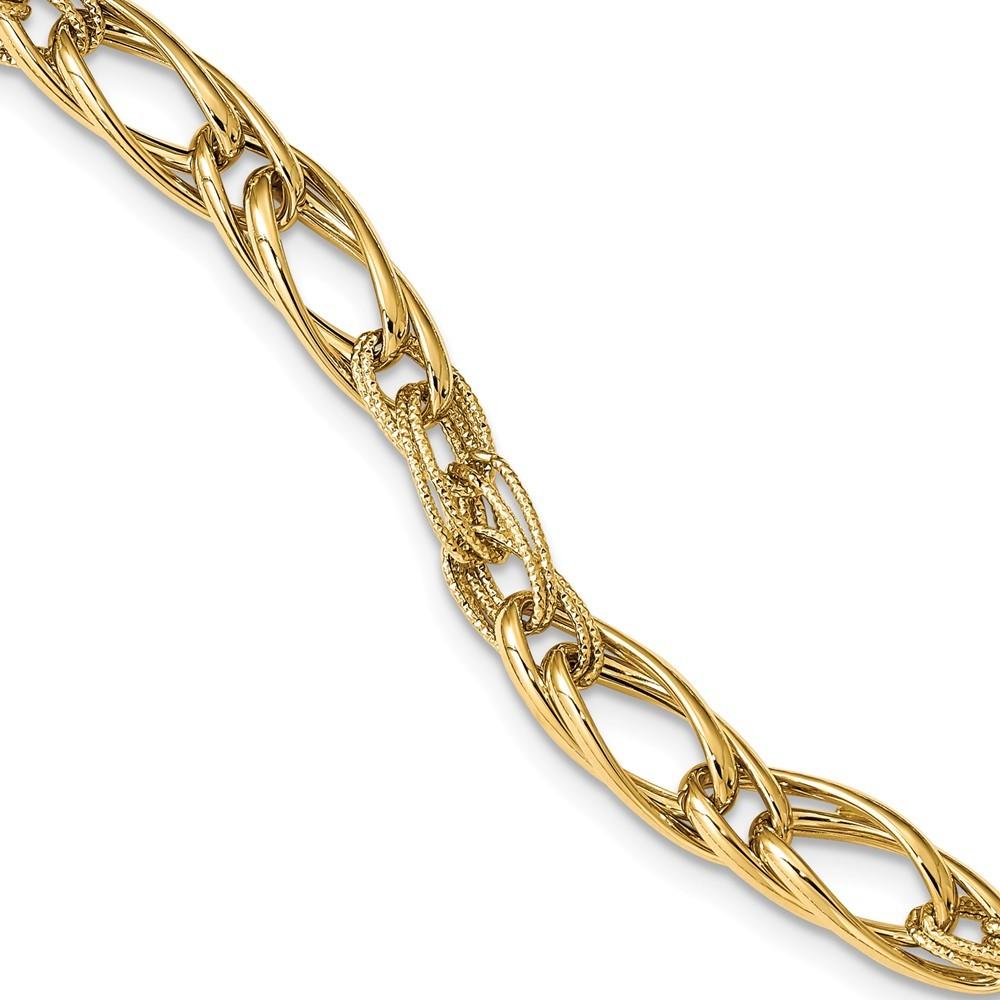 Jewelryweb 14k Polished and Textured With .75 In Ext Fancy Link Bracelet - 7 Inch - Measures 9mm Wide