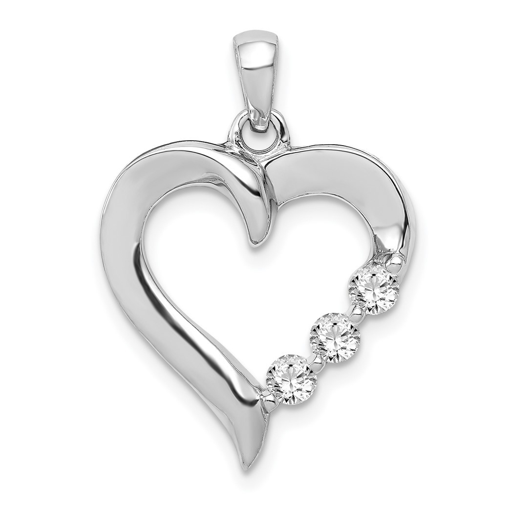 Jewelryweb 14k White Gold Three Stone Diamond Heart Pendant
