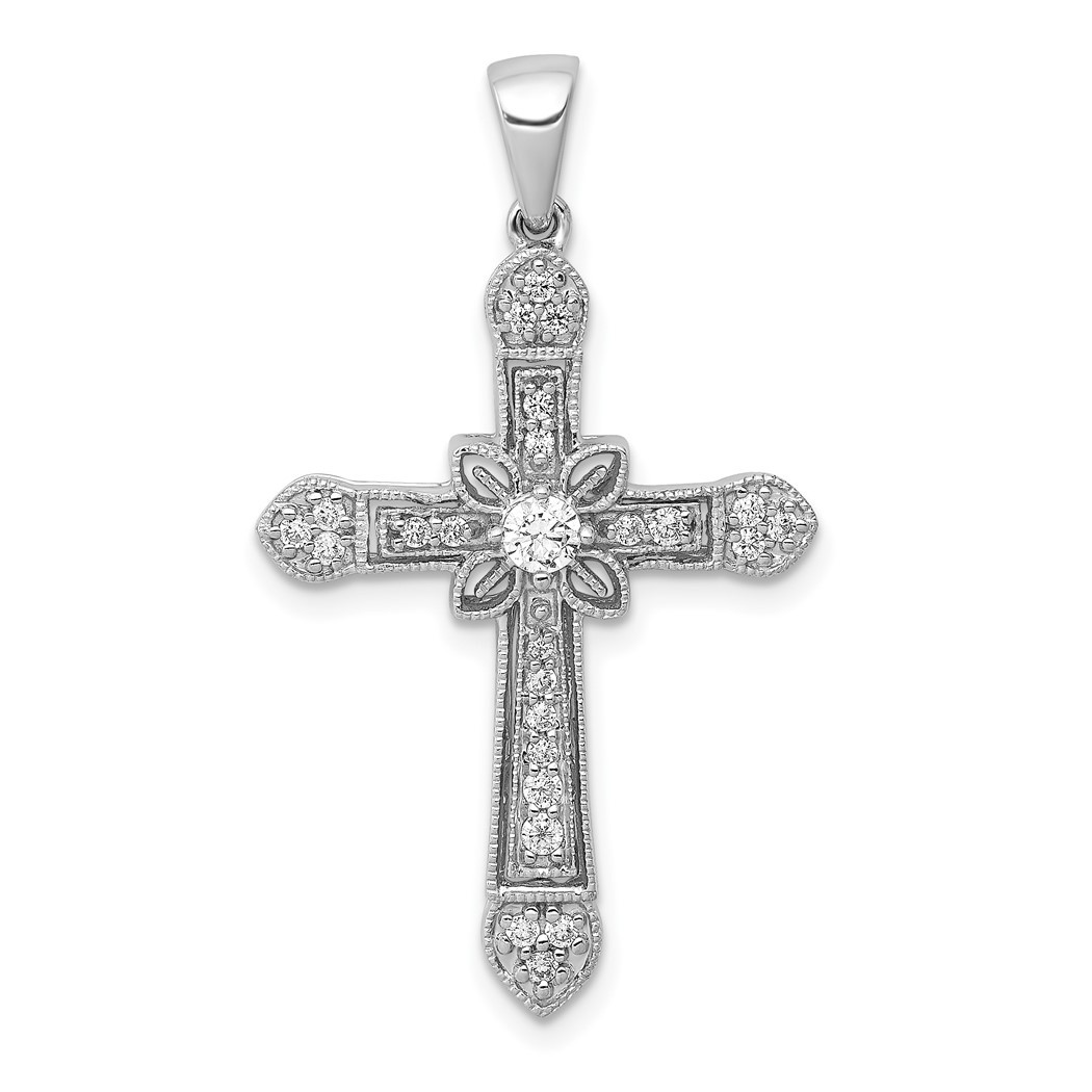 Jewelryweb 14k White Gold Filigree Diamond Cross Pendant - Measures 34x20mm Wide