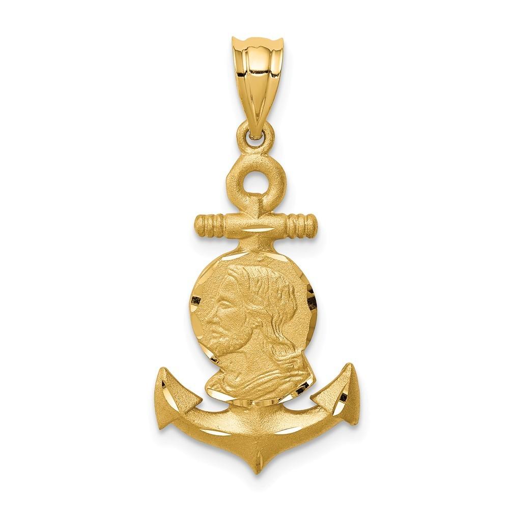 Jewelryweb 14k Brushed and Sparkle-Cut Jesus Head Anchor Pendant