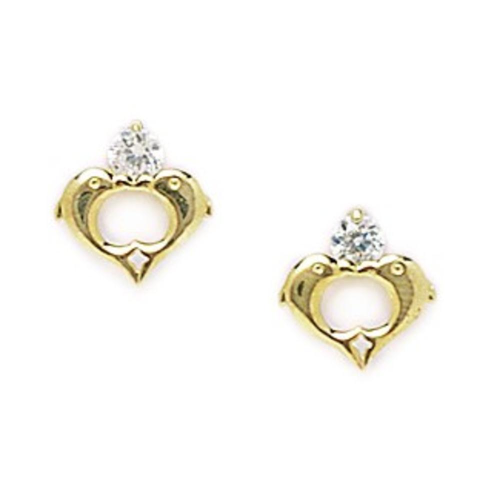 Jewelryweb Sterling Silver Gold-Flashed CZ 2 Dolphins In Heart Shape Screw-Back Earrings - Measures 9x9mm