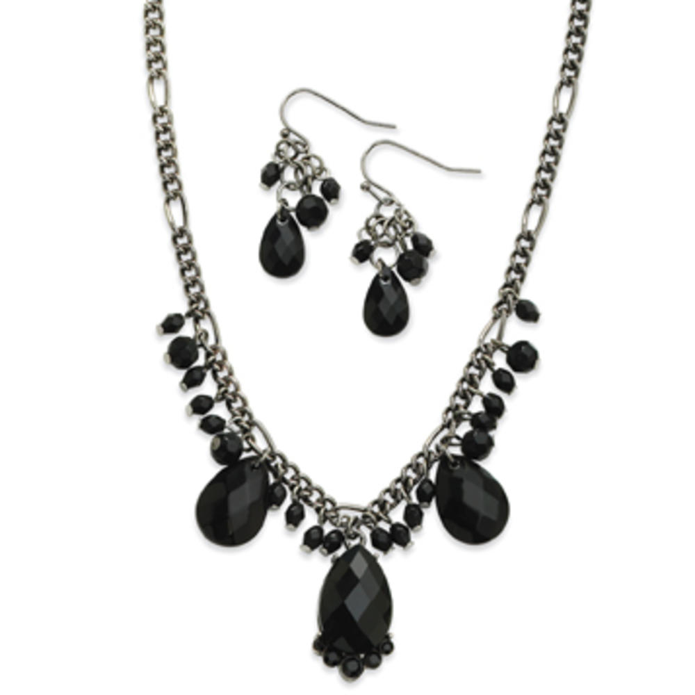 Jewelryweb Blk-plated Jet Briolette Crystal Earrings 16 In Necklace Set