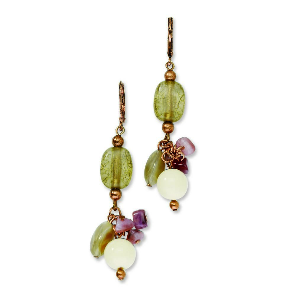 Jewelryweb Copper-tone Dyed Jade Amethyst Tan Bead Dangle Leverback Earrings
