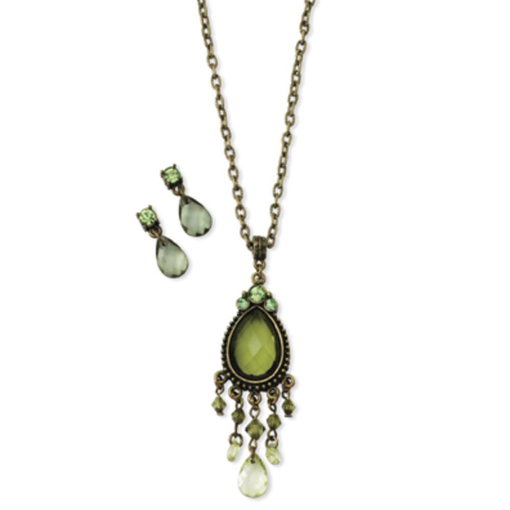 Jewelryweb Brass-tone Green Crystal Post Earrings 16 Inch Necklace Set