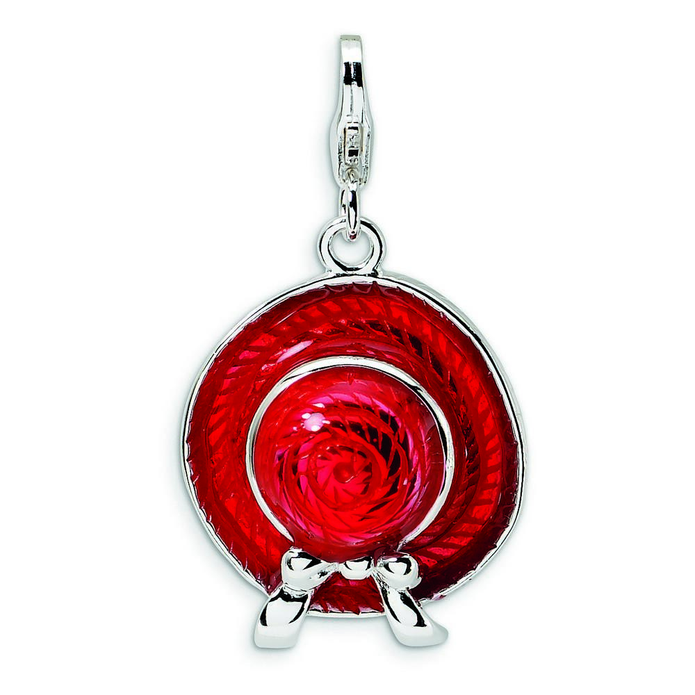 Jewelryweb Sterling Silver 3-D Enameled Red Hat With Lobster Clasp Charm - Measures 31x18mm