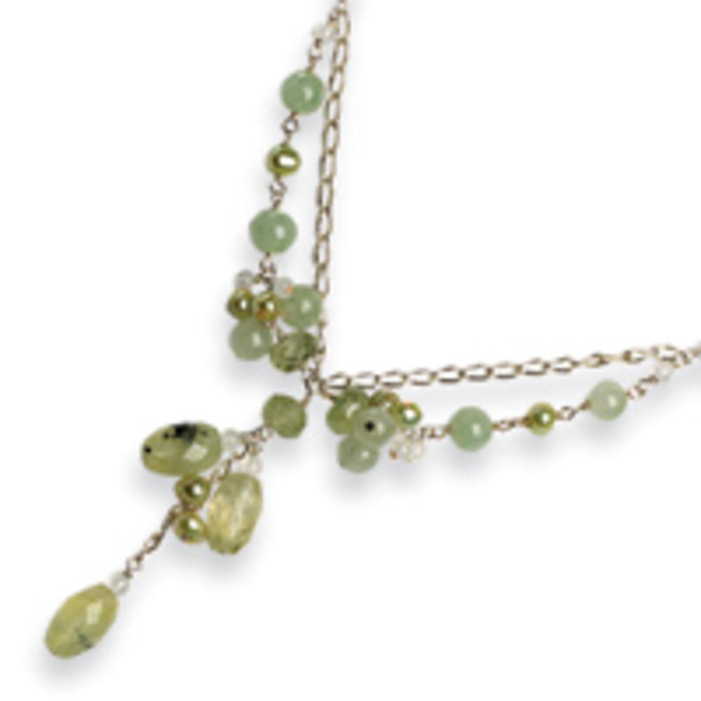 Jewelryweb Prehnite Green Dyed Jade Quartz Green Pearl Necklace - 16 Inch - Lobster Claw