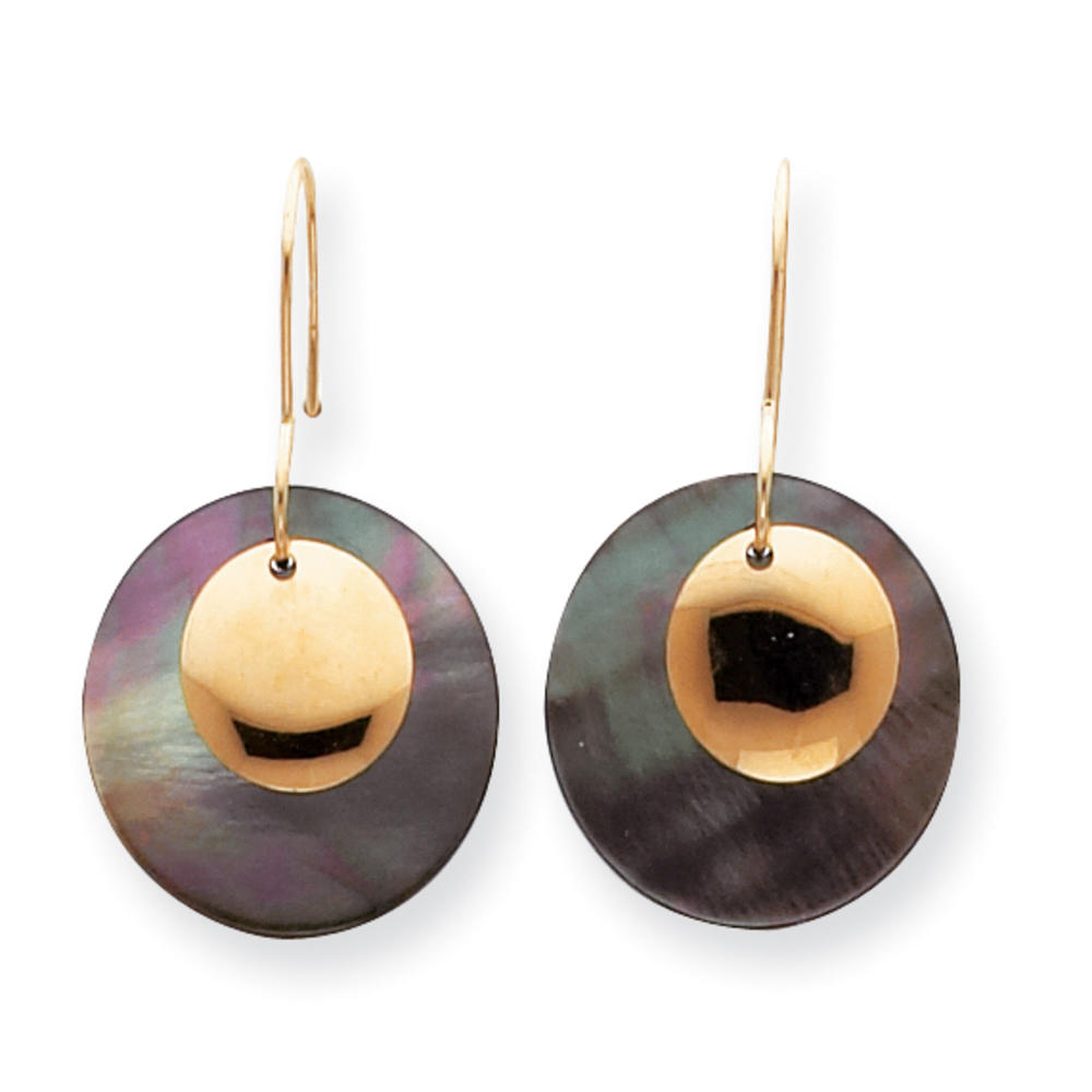 Jewelryweb 14k Black Simulated Pearl Shell With Gold Disc Earrings - Measures 32x18mm