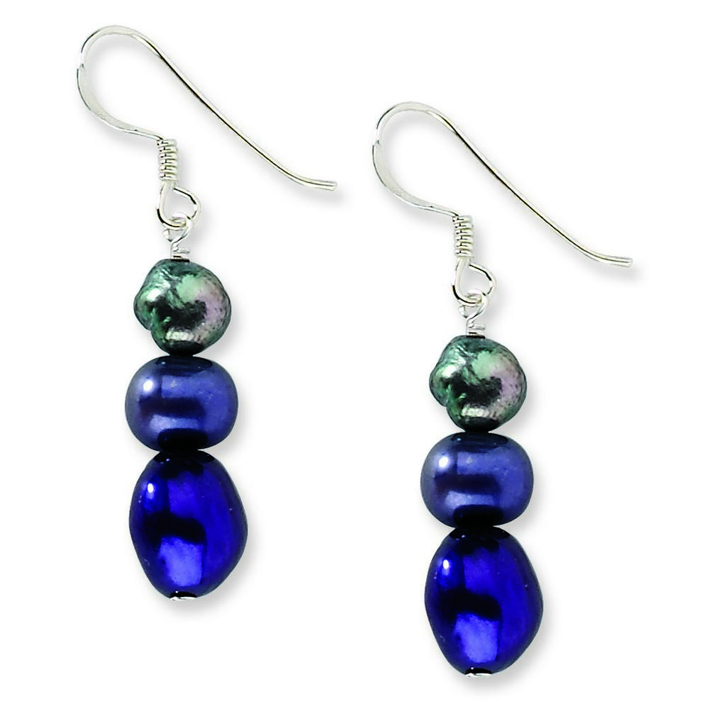 Jewelryweb Sterling Silver Peacock and Dark Purple Freshwater Cultured Pearl Earrings - Measures 40x8mm