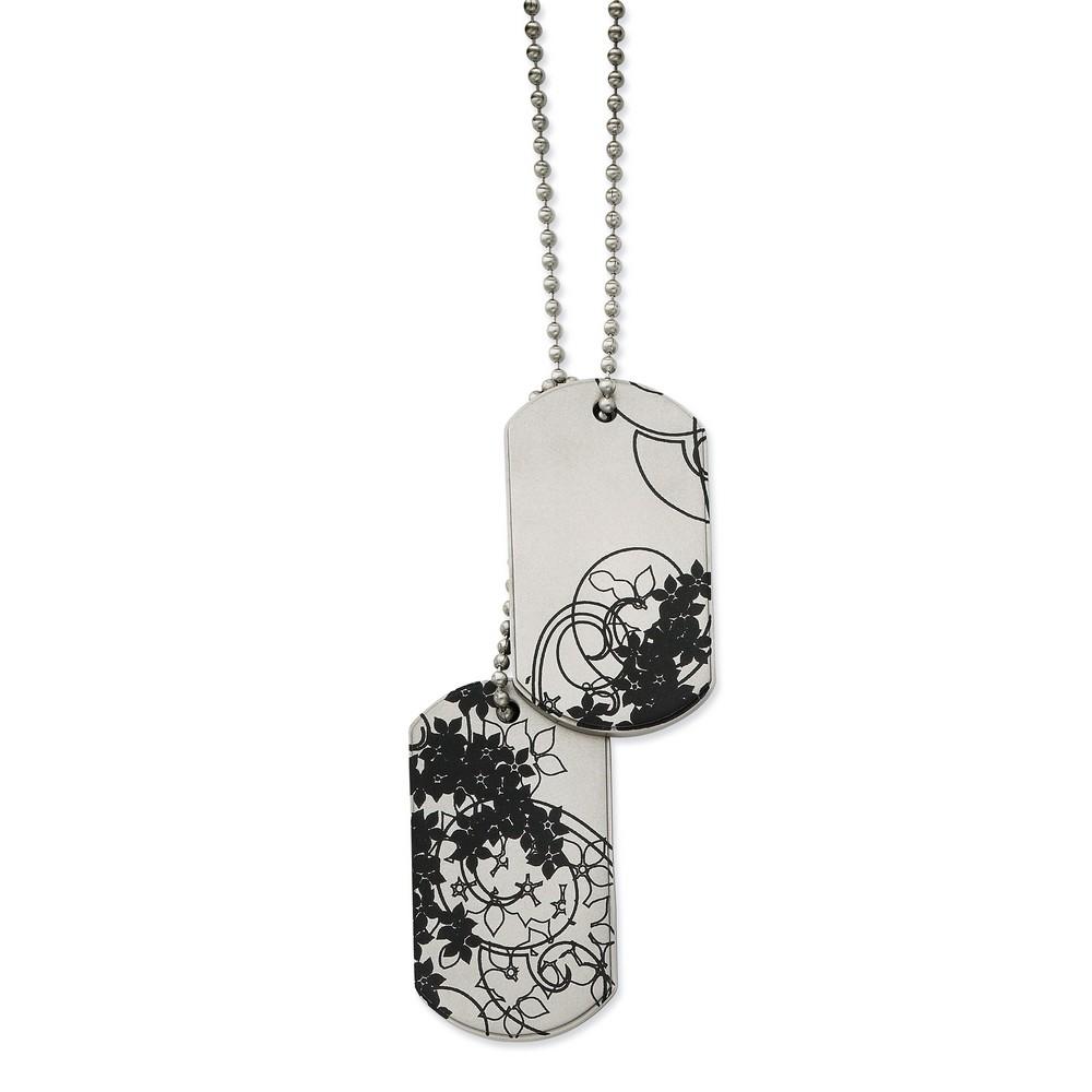 Jewelryweb Stainless Steel Floral Rain Dog Tag Necklace - 24 Inch