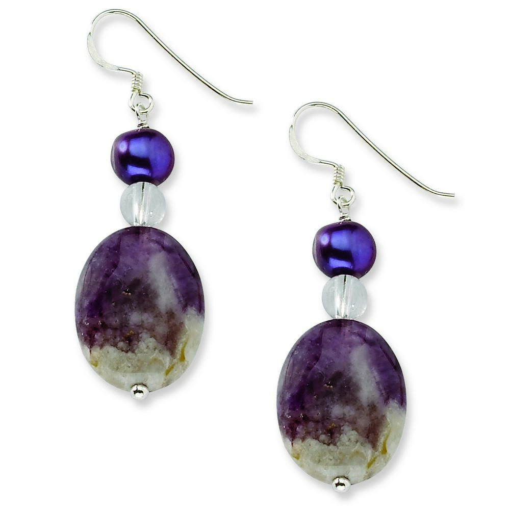 Jewelryweb Sterling Silver Amethyst Rock Quartz Purple Freshwater Cultured Pearl Earrings - Measures 47x16mm