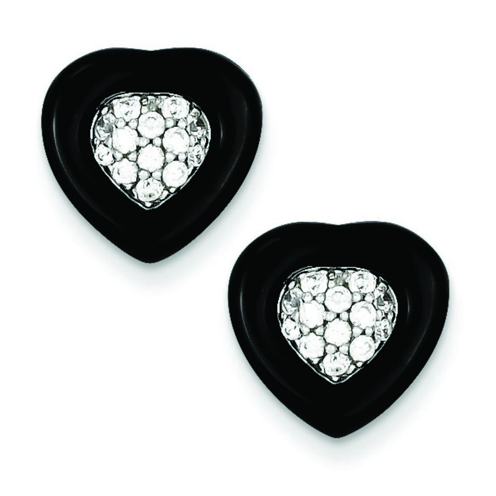 Jewelryweb Sterling Silver Polished Simulated Onyx and Cubic Zirconia Heart Post Earrings