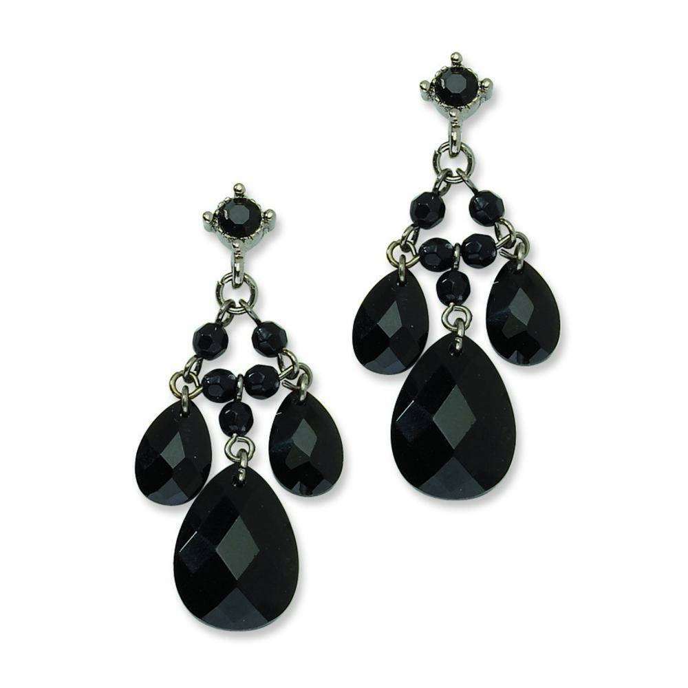Jewelryweb Black-plated Black Crystal Cascading Teardrops Post Chandelier Earrings