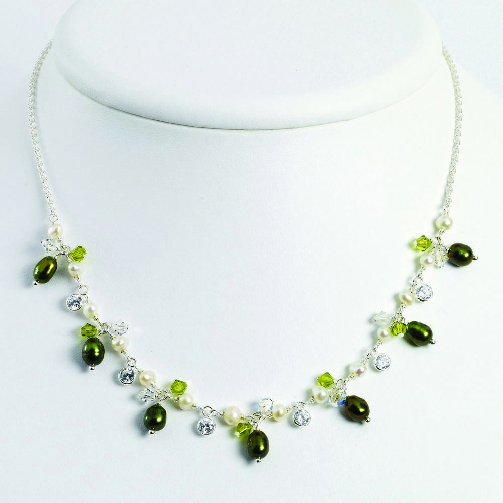 Jewelryweb Sterling Green White Freshwater Cultured Pearls Crystal Necklace - 16 Inch - Lobster Claw