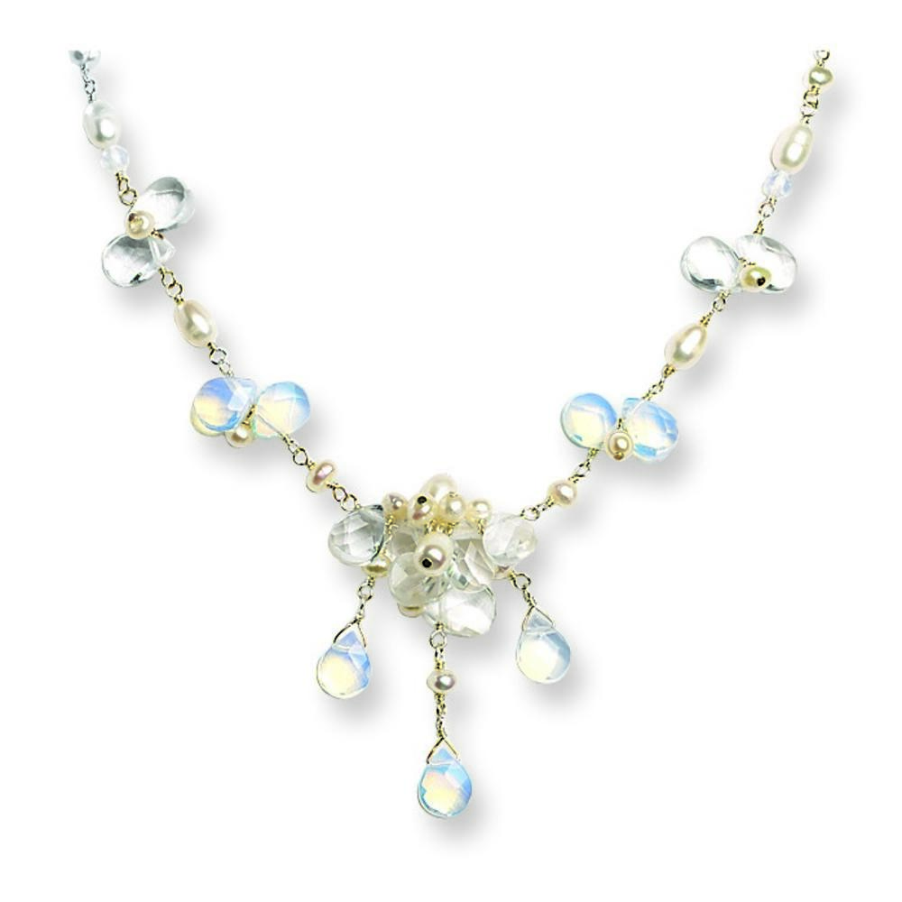 Jewelryweb Sterling Silver White Pearl Clear Simulated Opal Necklace - 16 Inch - Lobster Claw